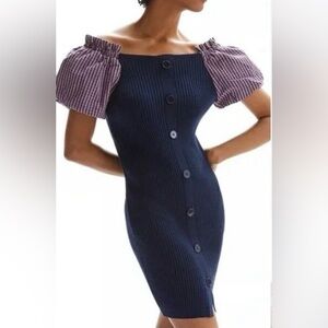 MAEVE ANTHROPOLOGIE Ribbed Knit Puff Gingham Short Sleeve Mini Dress